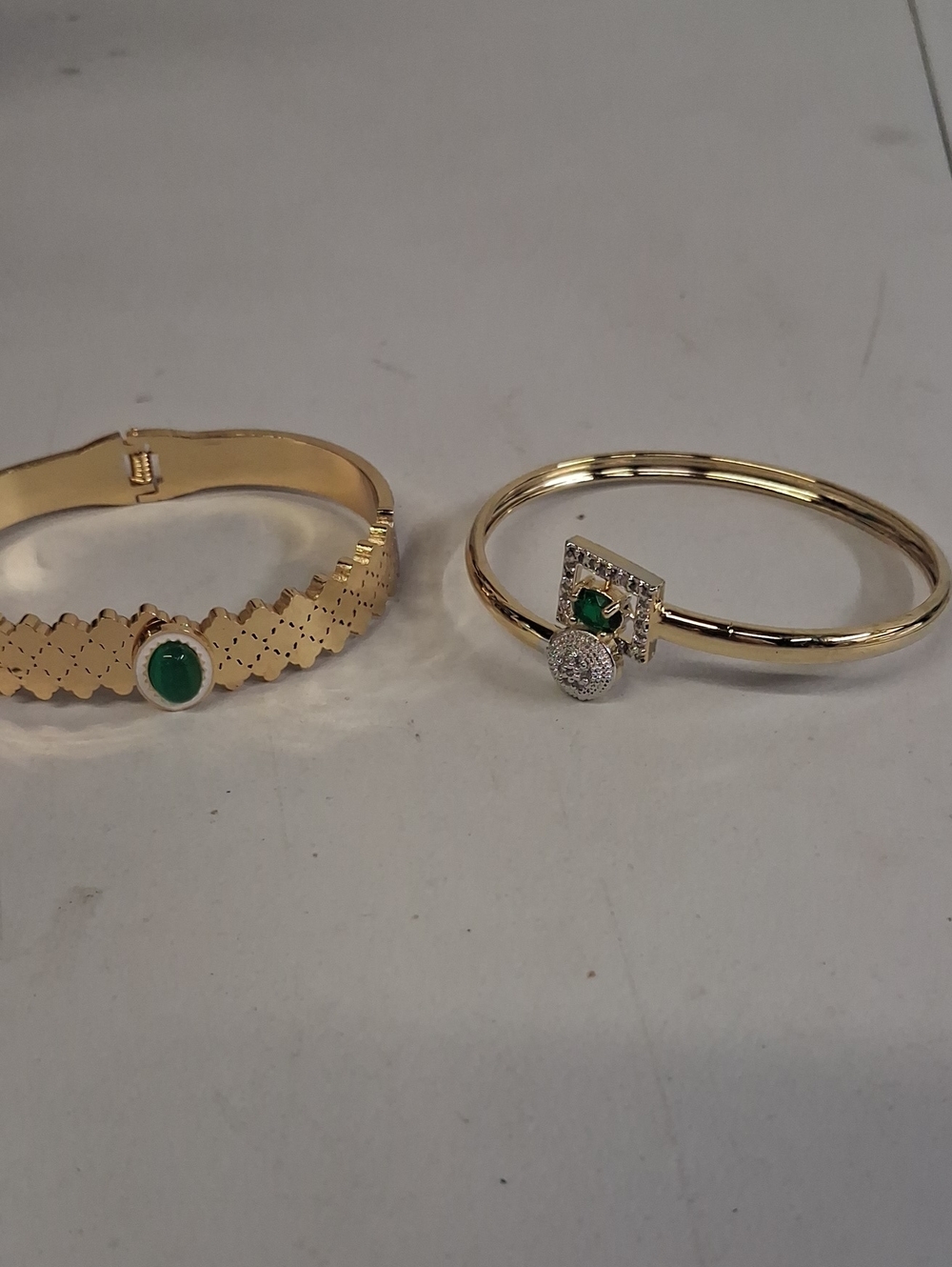 Gold Tone Indian Bangle Bracelets with Green Stone Accent